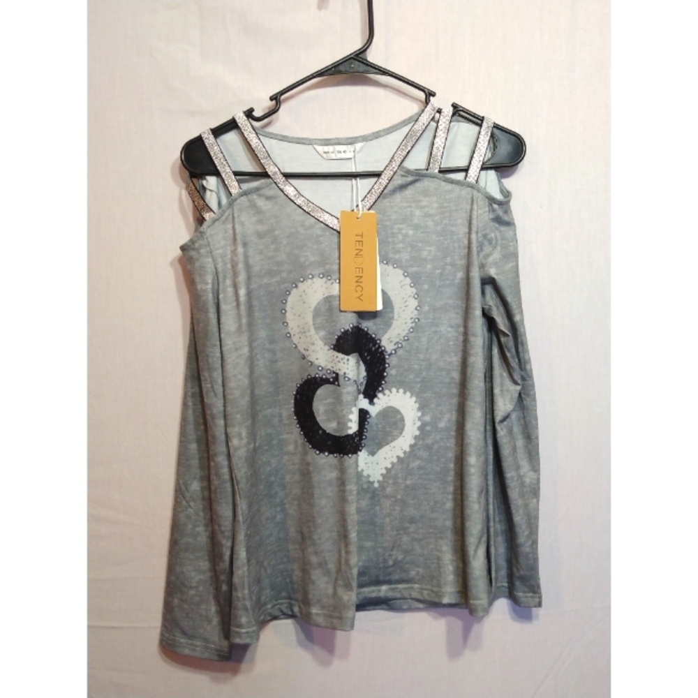 Print Sequins Heart Cold Shoulder Long Sleeves Casual Sexy Blouses Size Medium